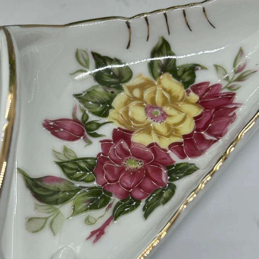 Floral Ceramic Dish with Gold Accent